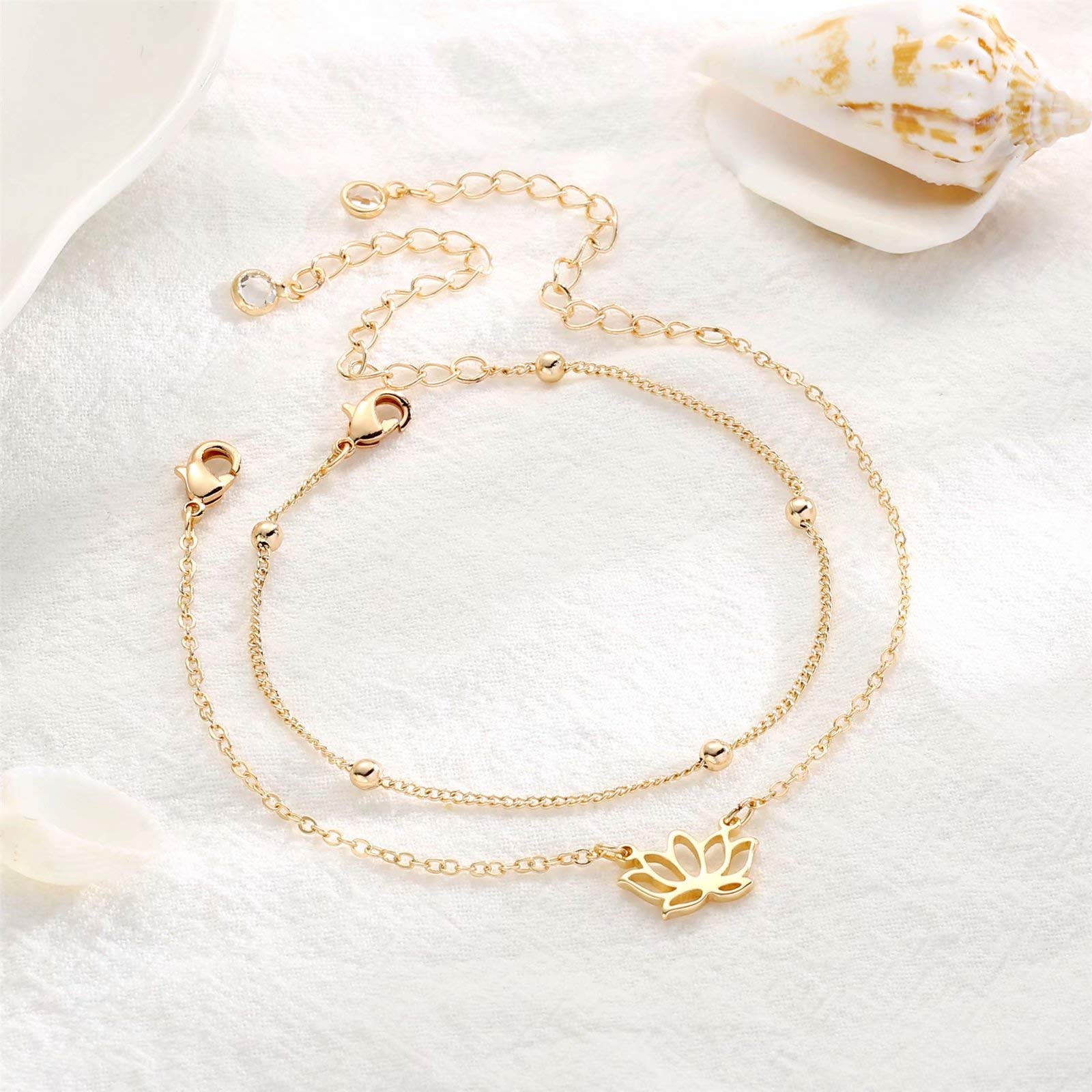 Lotus&Beads Chain Dainty Gold Bracelets for Women