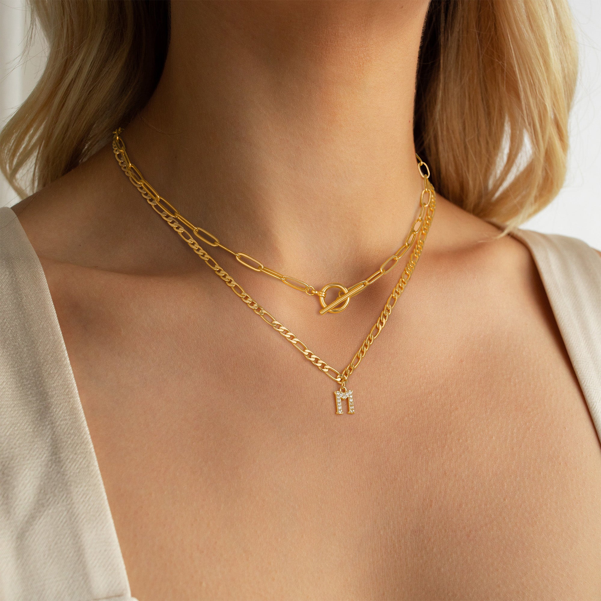 Dainty Gold Layering CZ Pendant Initial Toggle OT Clasp Necklace