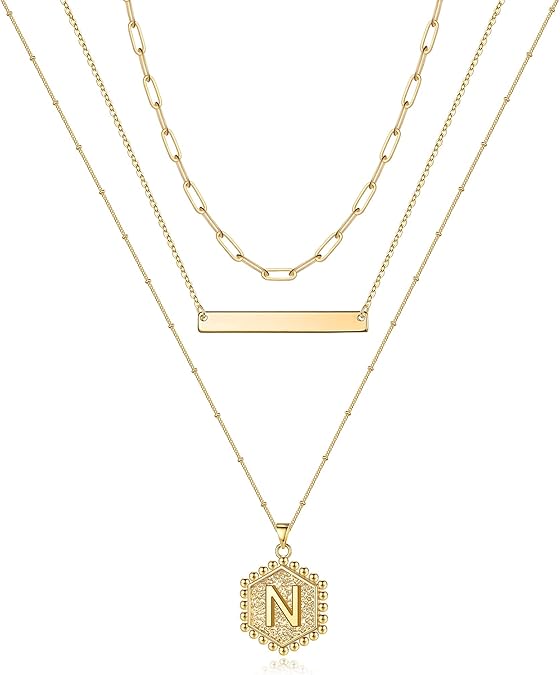Gold Layered Initial hexagon letter Necklace for Women