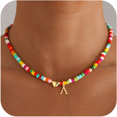 Turandoss Colorful Beaded Initial Choker Necklace for Women 14K Gold Plated Heart & Letter A Pendant Boho Summer Personalized Jewelry Birthday Bridesmaid Gift for Women Teen Girls