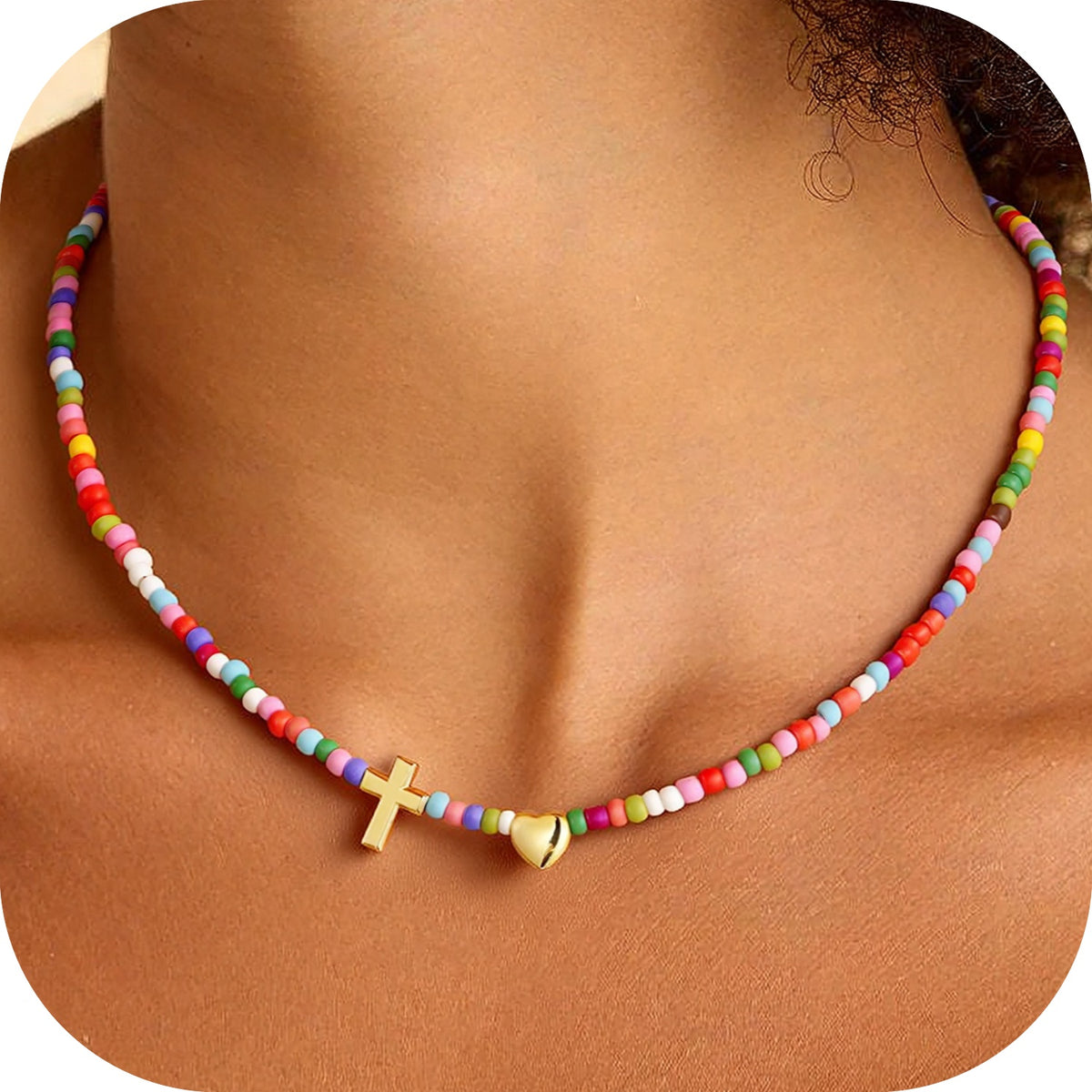 Turandoss Colorful Beaded Cross Necklace for Women Dainty 14K Gold Plated Heart Pendant Necklaces Personalized Cross Beaded Choker Necklace for Women Baptism Christian Religious Gifts