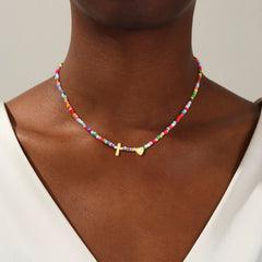 Turandoss Colorful Beaded Cross Necklace for Women Dainty 14K Gold Plated Heart Pendant Necklaces Personalized Cross Beaded Choker Necklace for Women Baptism Christian Religious Gifts