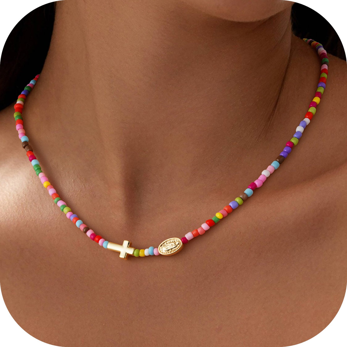 Turandoss Colorful Beaded Cross Necklace for Women Dainty 14K Gold Plated Heart Pendant Necklaces Personalized Cross Beaded Choker Necklace for Women Baptism Christian Religious Gifts