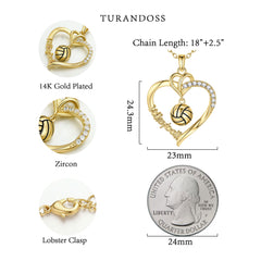 Turandoss Volleyball Necklace for Women Dainty 14K Gold Plated Volleyball Necklaces for Women Trendy Personalized CZ Heart Pendant Necklaces for Sports Fans Teams Gifts for Her