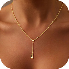 Turandoss Gold Necklace for Women Dainty Long 14K Gold Plated Small Pendant Lariat Necklaces YShaped Cute Tiny Teardrop Beaded Chain Necklace for Women Trendy Non Tarnish Jewelry Gifts