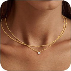 Turandoss Dainty Layered 14K Gold Plated CZ Pendant Necklace for Women Small Cubic Zirconia Pendants Layer Simple Satellite Chain Wave Choker Necklaces Set Stack Trendys Jewelry Gift for Women
