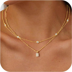 Turandoss Dainty Layered 14K Gold Plated CZ Pendant Necklace for Women Small Cubic Zirconia Pendants Layer Simple Satellite Chain Wave Choker Necklaces Set Stack Trendys Jewelry Gift for Women