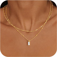Turandoss Dainty Layered 14K Gold Plated CZ Pendant Necklace for Women Small Cubic Zirconia Pendants Layer Simple Satellite Chain Wave Choker Necklaces Set Stack Trendys Jewelry Gift for Women