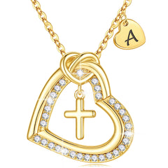 Turandoss Heart Cross Initial Necklaces for Women 14K Gold Plated CZ Pendant Trendy Jewelry Religious Birthday Teacher Appreciation Mothers Day Graduation Gifts for Her Mom Kids Teen Girls Wife Ideas