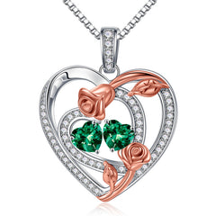 Turandoss Heart Birthstone Necklace for Women 925 Sterling Silver Double Rose Birthstone CZ Trendy Jewelry Mothers Day Birthday Anniversary Graduation Gifts for Women Wife Her