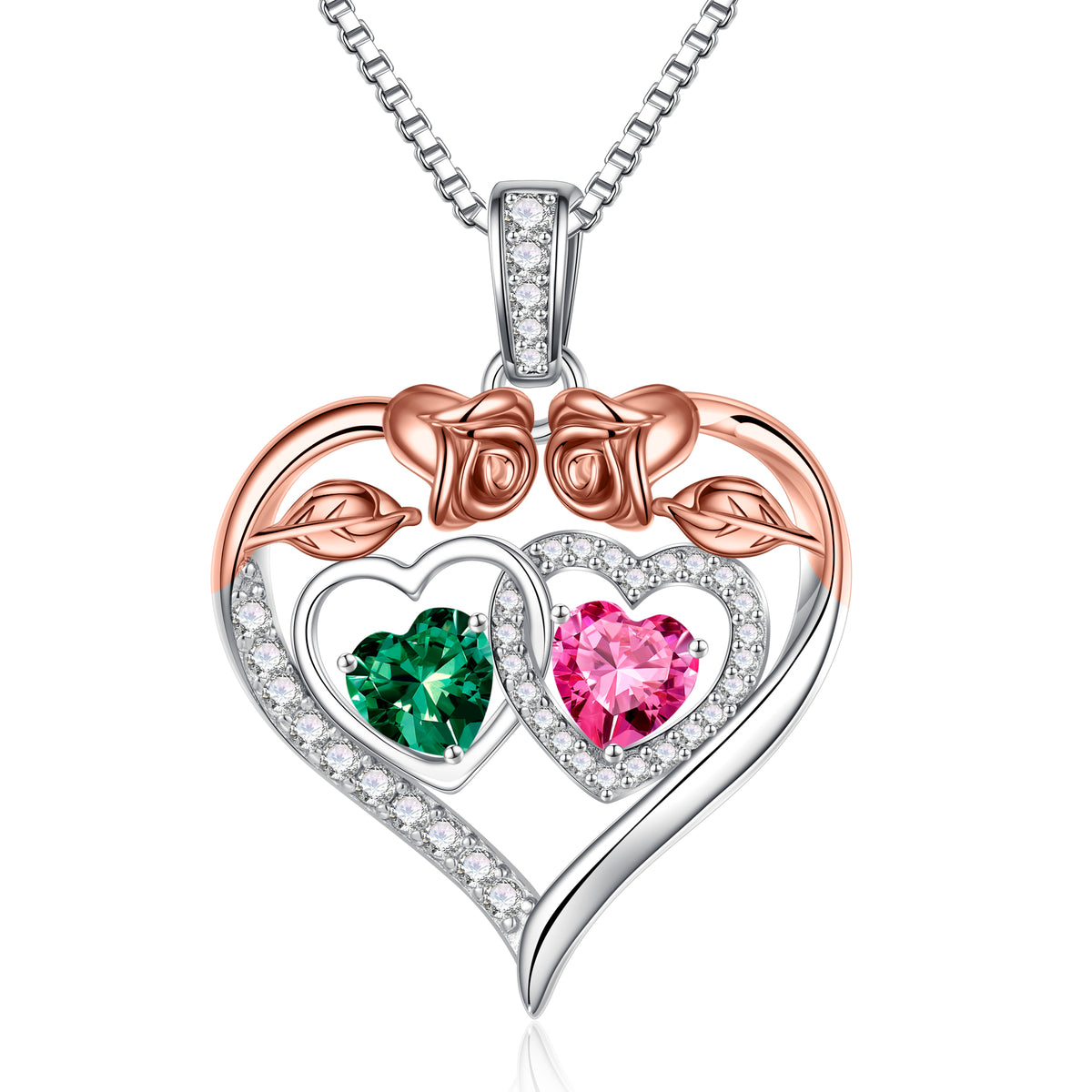 Turandoss Heart Birthstone Necklace for Women 925 Sterling Silver Double Rose Birthstone CZ Trendy Jewelry Mothers Day Birthday Graduation Gifts for Women Wife Her