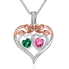 Turandoss Heart Birthstone Necklace for Women 925 Sterling Silver Double Rose Birthstone CZ Trendy Jewelry Mothers Day Birthday Graduation Gifts for Women Wife Her