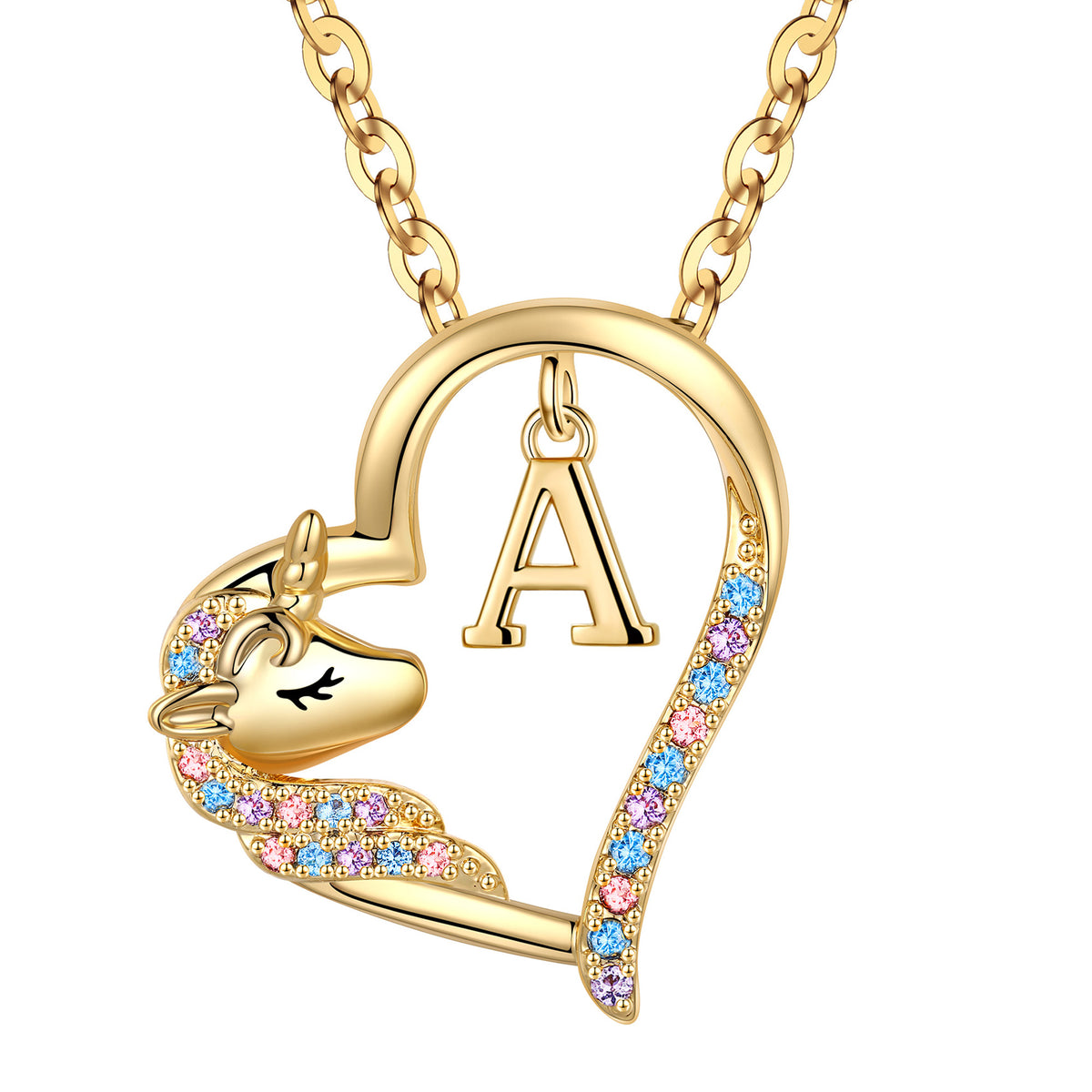 Turandoss Gold Heart Unicorn Necklace for Girls - Initial Zircon Pendant Necklace for Kids 4 -13 Year Old, Unicorn Birthday Gifts for Girls, 18+2.5In