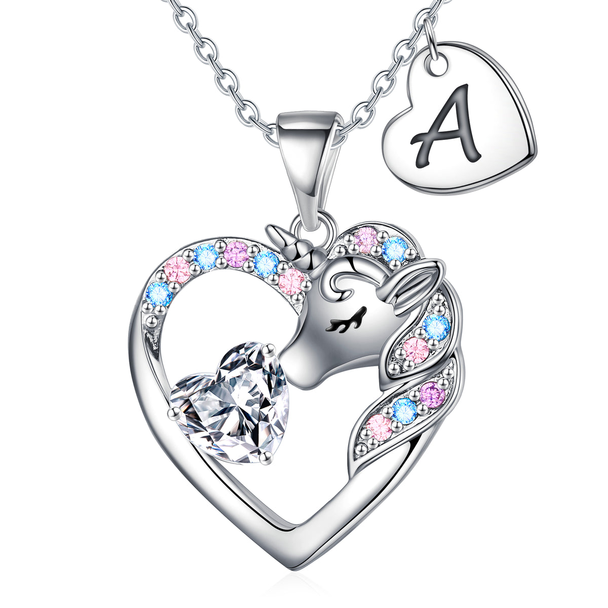 Turandoss Silver Heart Unicorn Necklace for Girls - Initial Zircon Pendant Necklace for Kids 4 -13 Year, Unicorn Birthday Gifts for Girls, 18+2.5In