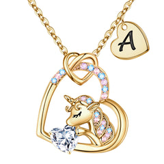 Turandoss Gold Heart Unicorn Necklace for Girls - Initial Zircon Pendant Necklace for Kids 4 -13 Year Old, Unicorn Birthday Gifts for Girls, 18+2.5In