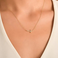 Gold Sideway Diamond Cross Necklace for Women