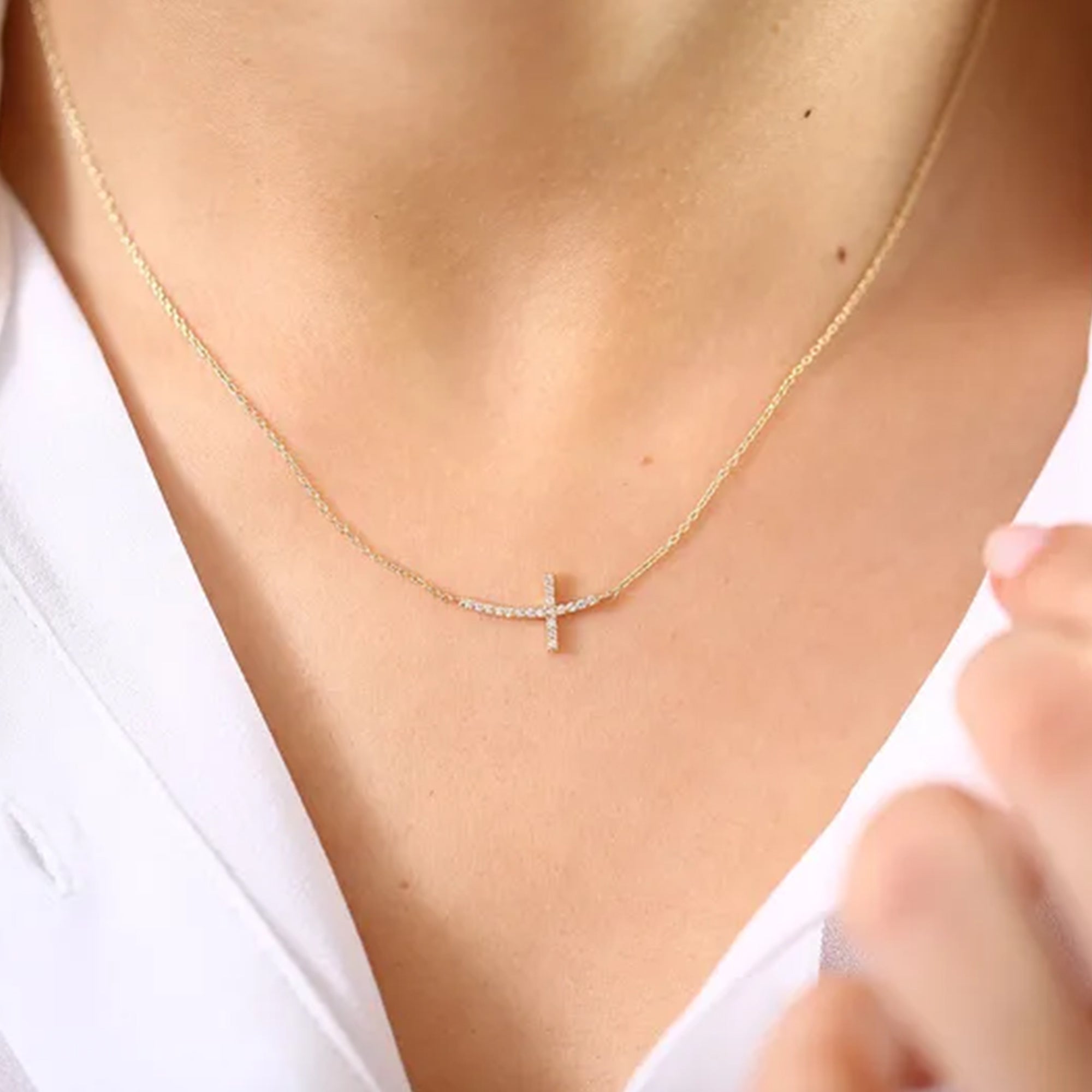 Gold Sideway Diamond Cross Necklace for Women