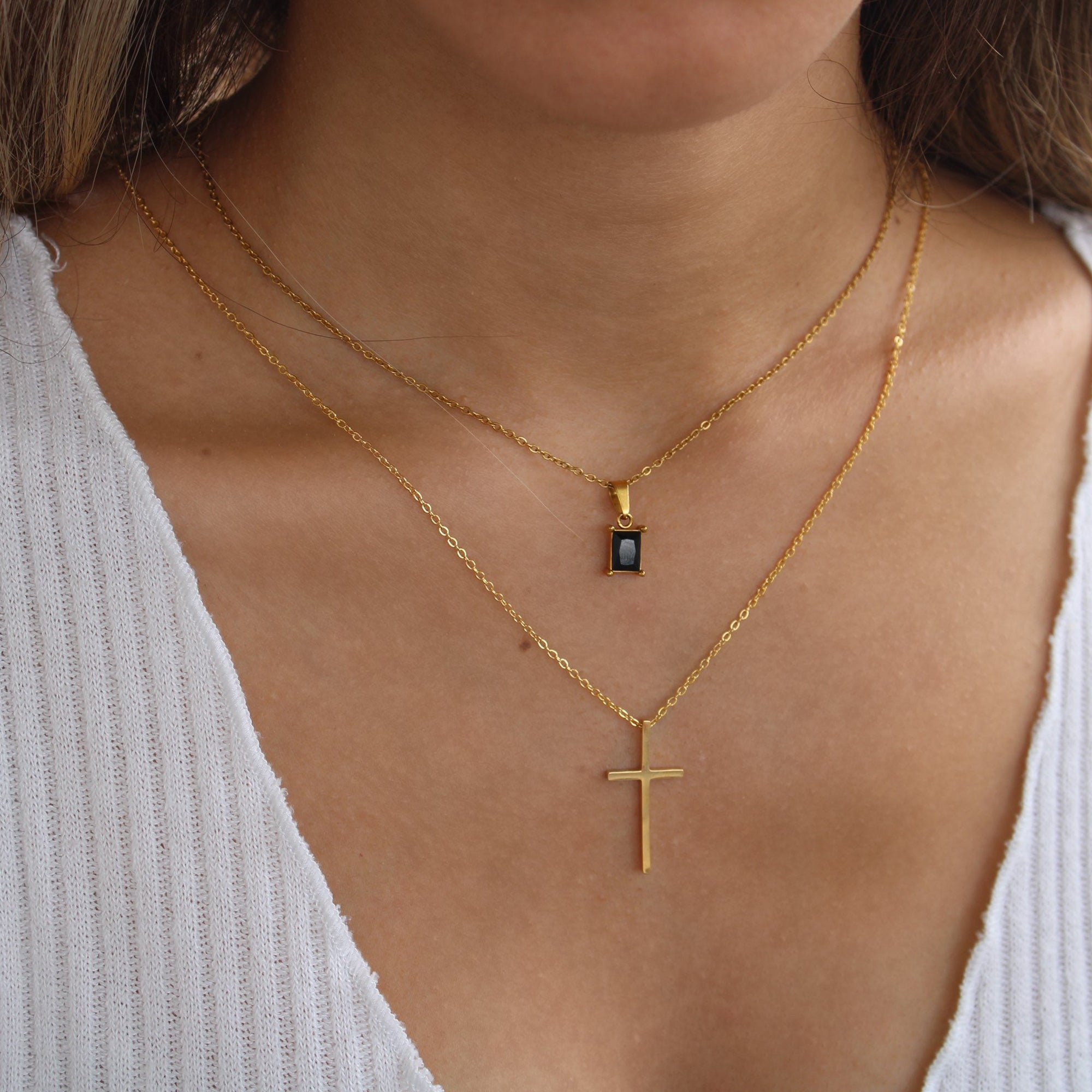 Gold Layered Cross & Gemstone Necklace for Women