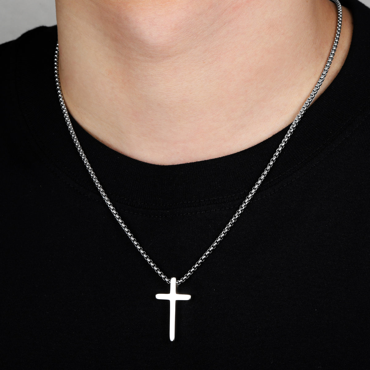 Turandoss Silver Cross Necklace for Men Boys, Stainless Steel Cross Pendant Mens Necklace, Birthday Gift for Him, Valentine's Day Gifts from Wife