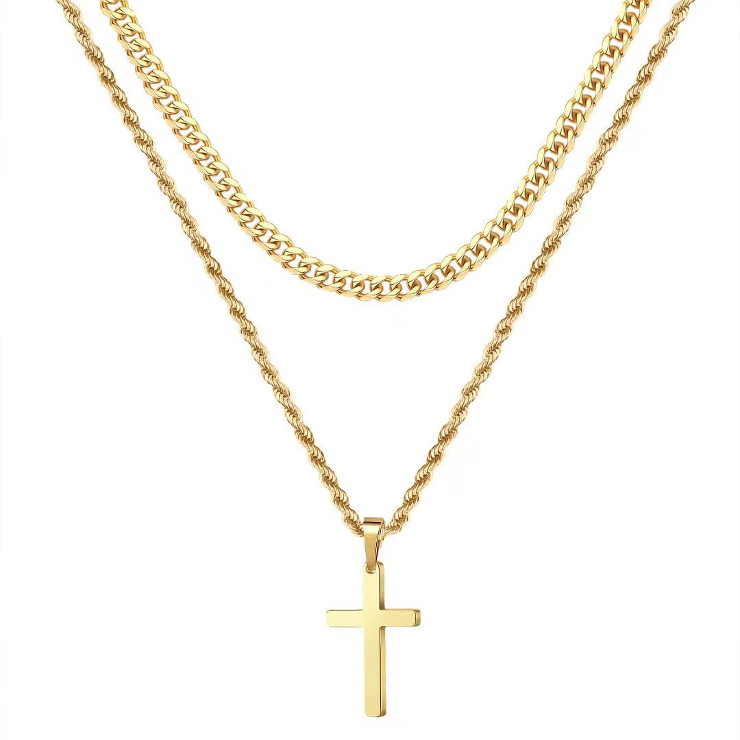 Turandoss Gold Plated Stainless Steel Stackable Cross Pendant Necklace for Men Cuban Link Chain 16-22 Inch Jewelry Birthday Christian Gifts for Men Boys Women
