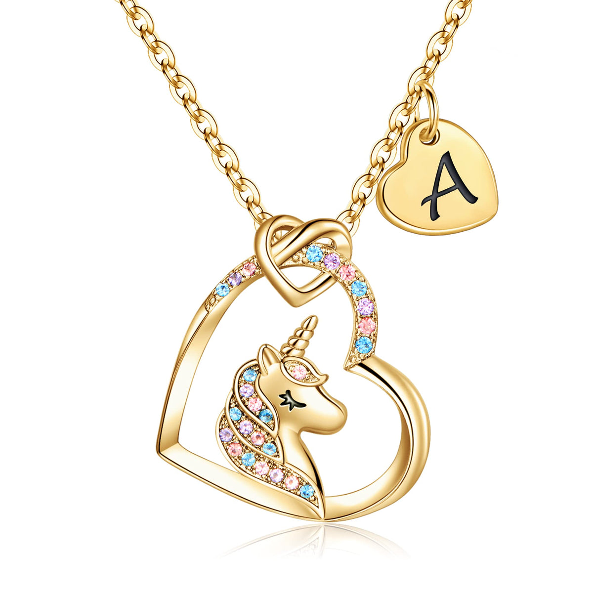 Turandoss 14K Gold Plated Colorful Cz Initial Unicorn Heart Pendant Necklaces for Teens Little Girls Daughter Kids Jewelry Birthday Gifts for Women
