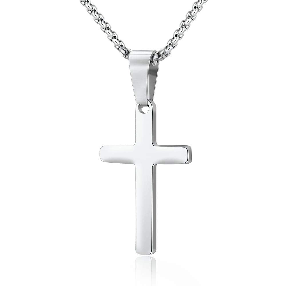 Turandoss Cross Necklace for Men Stainless Steel Silver Gold Plain Cross Pendant Necklace Simple Jewelry 16-24 Inches Chain Christian Valentines Day Birthday Gifts for for Men Women Teen Boy
