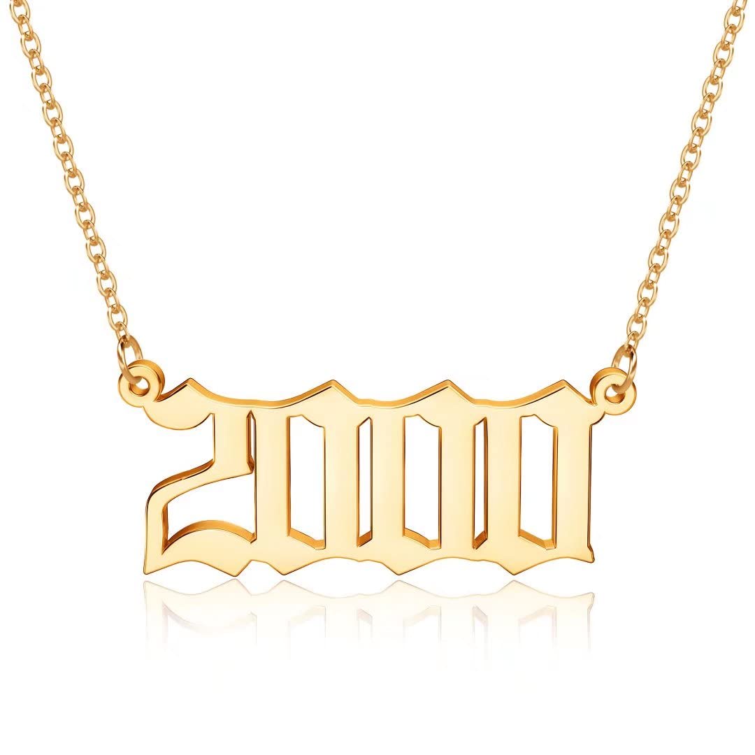 Turandoss 2000 Necklace Birth Year Necklace, Teen Girls Gifts Old English Birth Year Number Pendant 14K Gold Plated Necklace Gifts for Women Birthday Anniversary Friends Jewelry