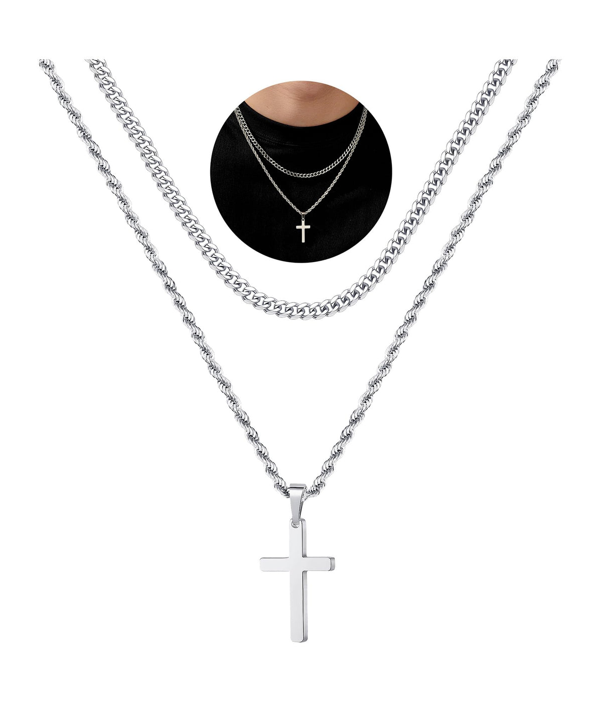 Turandoss Silver Stainless Steel Stackable Cross Pendant Necklace for Men Cuban Link Chain 16-22 Inch Jewelry Birthday Christian Gifts for Men Boys Women