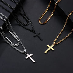 Turandoss Silver Stainless Steel Stackable Cross Pendant Necklace for Men Cuban Link Chain 16-22 Inch Jewelry Birthday Christian Gifts for Men Boys Women