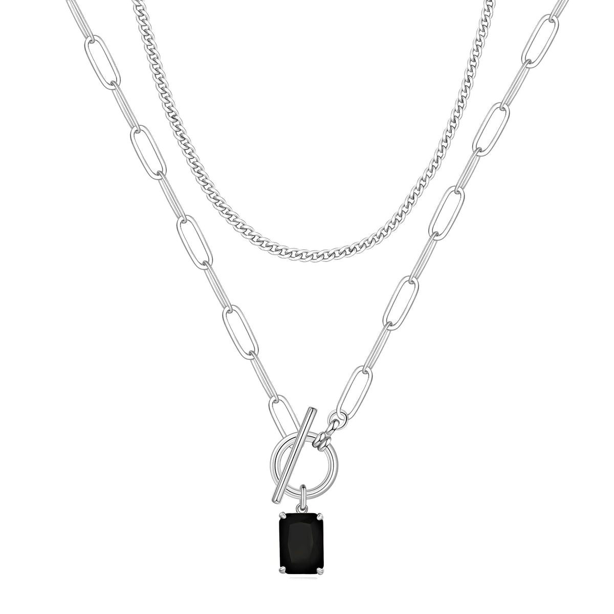 Turandoss Layered Necklaces for Women, 14K White Gold Plated Layering Cuban Link Chain Choker Necklaces Toggle Necklace Dainty Black Rectangle Necklace Boho Jewelry Silver Layered Necklaces for Women