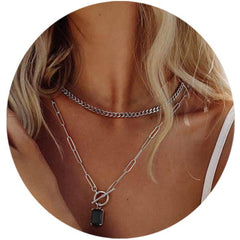 Turandoss Layered Necklaces for Women, 14K White Gold Plated Layering Cuban Link Chain Choker Necklaces Toggle Necklace Dainty Black Rectangle Necklace Boho Jewelry Silver Layered Necklaces for Women