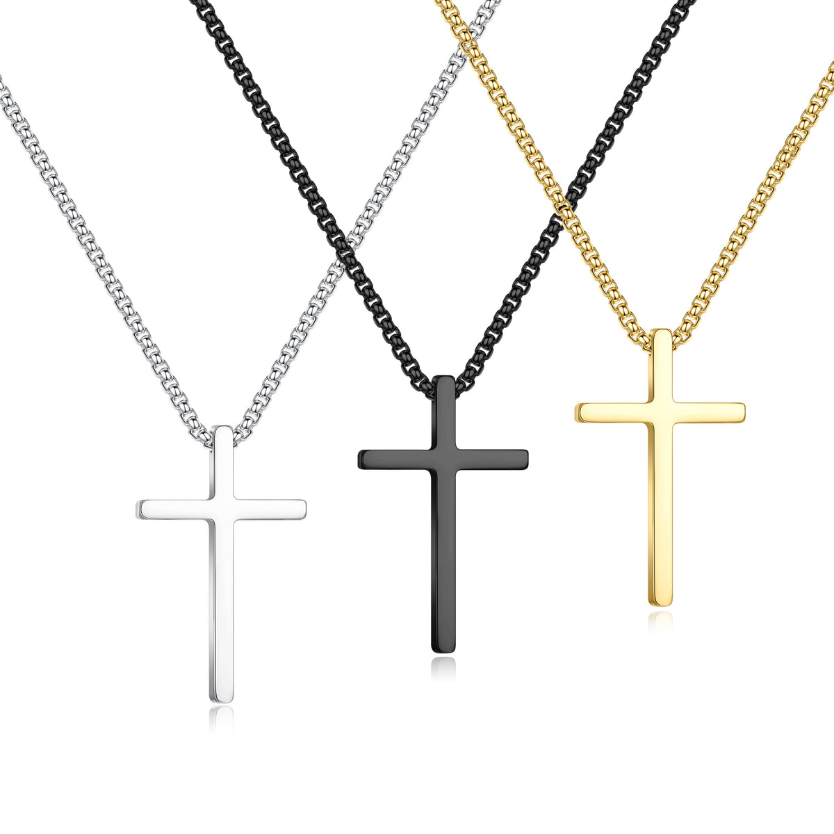 Turandoss 3 Pcs Silver Black 14K Gold Plated Cross Necklaces Set for Men Women Stainless Steel Pendant 16-24Inches Chain Couple Personalized Jewelry Birthday Gifts for Women Men Boys Boyfriend