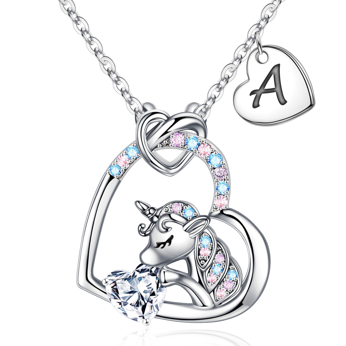 Turandoss 14K White Gold Plated Colorful Cz Initial Unicorn Heart Pendant Necklaces for Teens Little Girls Daughter Kids Jewelry Birthday Christmas Gifts for Women Girls Age 8-12