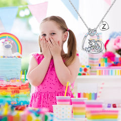Turandoss 14K White Gold Plated Colorful Cz Initial Unicorn Heart Pendant Necklaces for Teens Little Girls Daughter Kids Jewelry Birthday Christmas Gifts for Women Girls Age 8-12