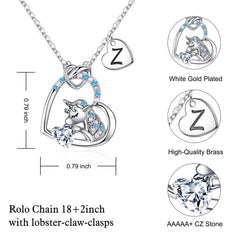 Turandoss 14K White Gold Plated Colorful Cz Initial Unicorn Heart Pendant Necklaces for Teens Little Girls Daughter Kids Jewelry Birthday Christmas Gifts for Women Girls Age 8-12