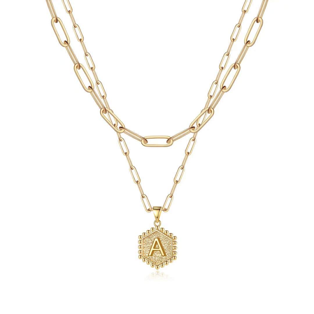 Turandoss 14K Gold Plated Hexagon Layering Charm Paperclip Initial Stack Necklaces for Women Cute Letter A-Z Jewelry Personalized Easter Birthday Gifts for Women Friendship Girlfriend