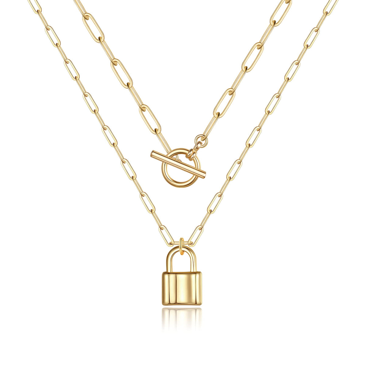 Turandoss Layered Lock Necklaces for Women, 14K Gold Plated Toggle Clasp Paperclip Chain Necklace Mini Lock Pendant Necklace Gold Jewelry Padlock Link Chain Necklace for Women Jewelry Gifts