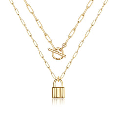 Turandoss Layered Lock Necklaces for Women 14K Gold Plated Toggle Clasp Paperclip Mini Lock Pendant Jewelry Teacher Appreciation Mothers Day Graduation Gifts for Her Mom Kids Teen Girls Wife Ideas