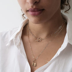Turandoss Layered Lock Necklaces for Women, 14K Gold Plated Toggle Clasp Paperclip Chain Necklace Mini Lock Pendant Necklace Gold Jewelry Padlock Link Chain Necklace for Women Jewelry Gifts
