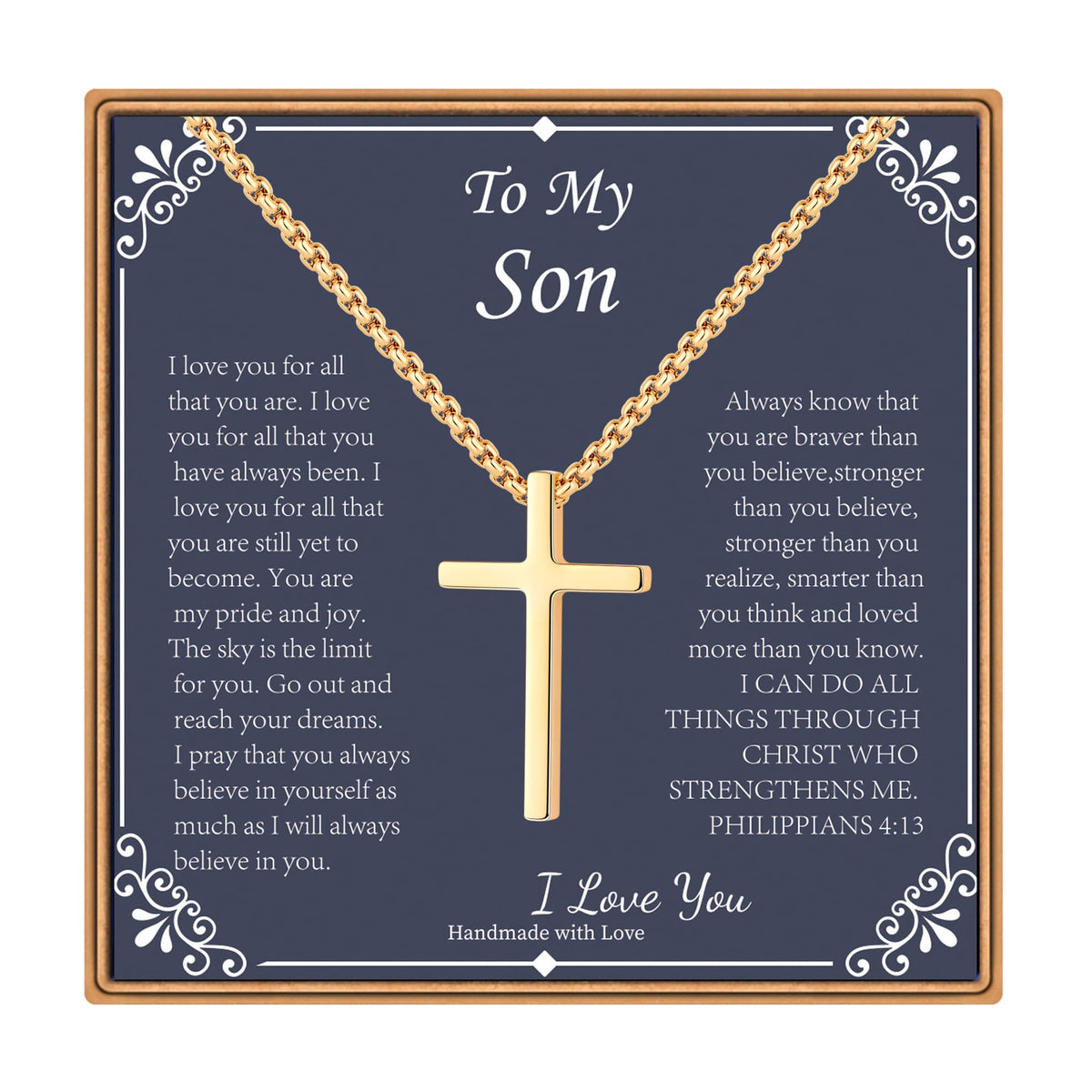 Turandoss Cross Pendant Necklaces Gifts for Son from Mom Dad 14K Gold Plated Dainty Box Chain Trendy Jewelry Fathers Day Religious Christian Gift for Men Dad Son Husband