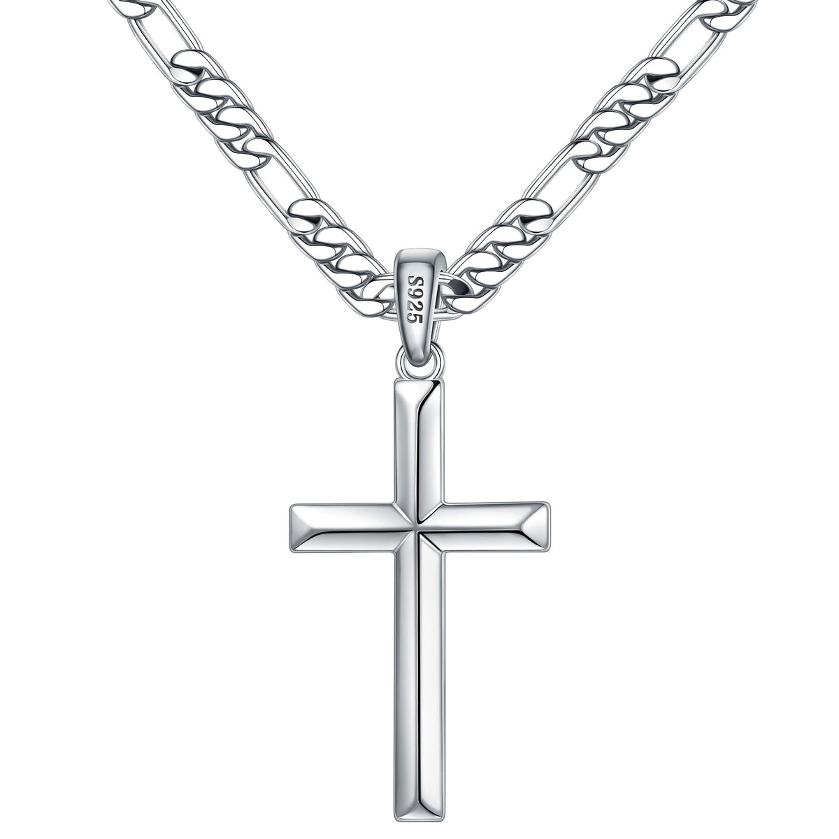 Turandoss S925 Sterling Silver Cross Necklace for Men 18K Silver Plated 22 inch Diamond Cut Chain Mens Jewelry Christian Religious Birthday Gifts for Men Tween Preteen Teen Boys