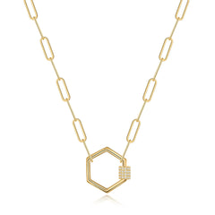 Turandoss 14K Gold Plated Paperclip Chain Necklace for Women Hexagon Pendant Cz Oval Screw Clasp Jewelry Teacher Appreciation Mothers Day Graduation Gifts for Her Mom Kids Teen Girls Wife Ideas