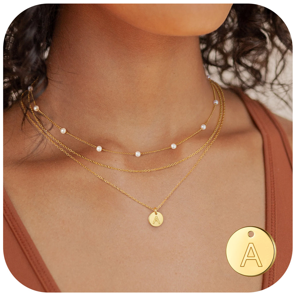 Turandoss Layered Initial Disc Pendant Necklaces for Women Jewelry Gifts - Dainty Layered Pearl Choker Silver Coin Letter A Initial Necklaces for Women Trendy Personalized Silver Jewelry Gifts for Her