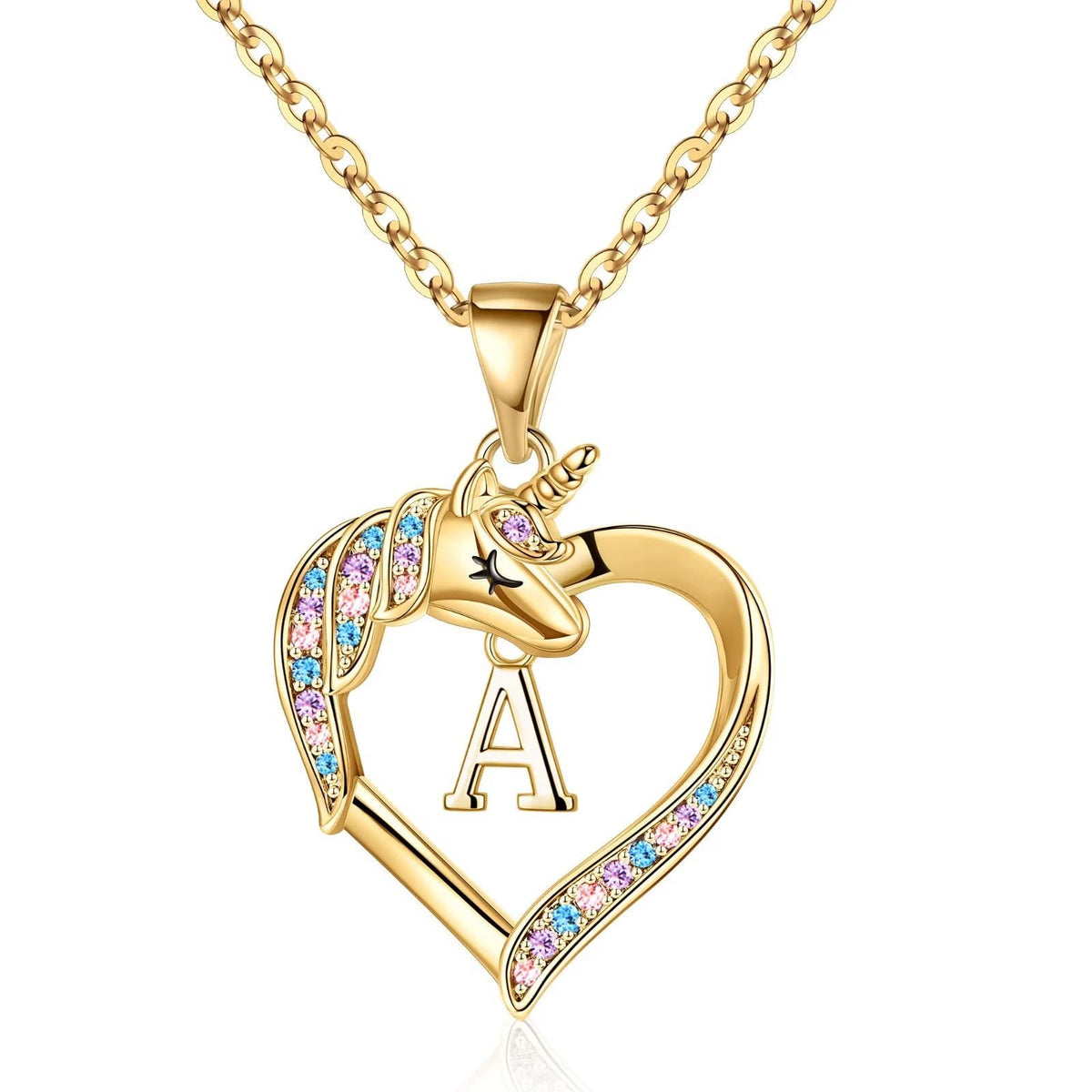Turandoss Heart Unicorn Initial Necklace for Girls 14K Gold Plated Colorful CZ Letter a-z Pendant Teen Girls Daughter Kids Jewelry Valentines Day Birthday Gifts for Women Teen Girls