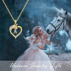 Turandoss Heart Unicorn Initial Necklace for Girls 14K Gold Plated Colorful CZ Letter a-z Pendant Teen Girls Daughter Kids Jewelry Valentines Day Birthday Gifts for Women Teen Girls
