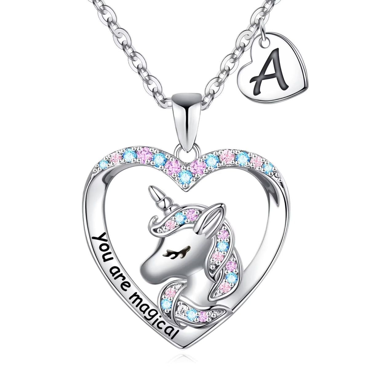 Turandoss Heart Unicorn Initial Necklace for Girls 14K White Plated Colorful CZ Letter a-z Pendant Personalized Kids Jewelry Valentines Day Birthday Gifts for Women Teen Girls