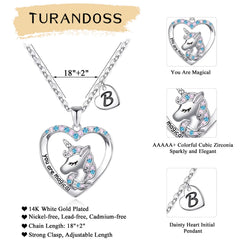Turandoss Heart Unicorn Initial Necklace for Girls 14K White Plated Colorful CZ Letter a-z Pendant Personalized Kids Jewelry Valentines Day Birthday Gifts for Women Teen Girls