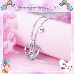 Turandoss Heart Unicorn Initial Necklace for Girls 14K White Plated Colorful CZ Letter a-z Pendant Personalized Kids Jewelry Valentines Day Birthday Gifts for Women Teen Girls
