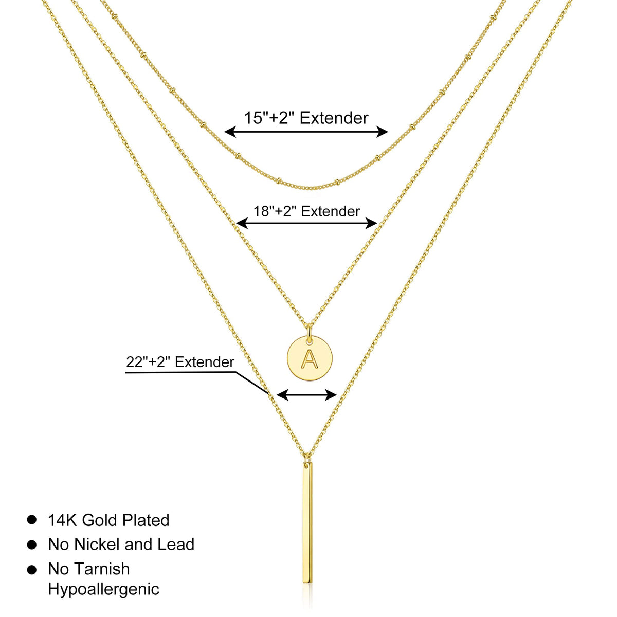 Turandoss 14K Gold Plated Coin Initial Layered Bar Pendant Y-Necklaces for Women Letter A-Z Jewelry Personalized Birthday Gifts Gifts for Women Girls