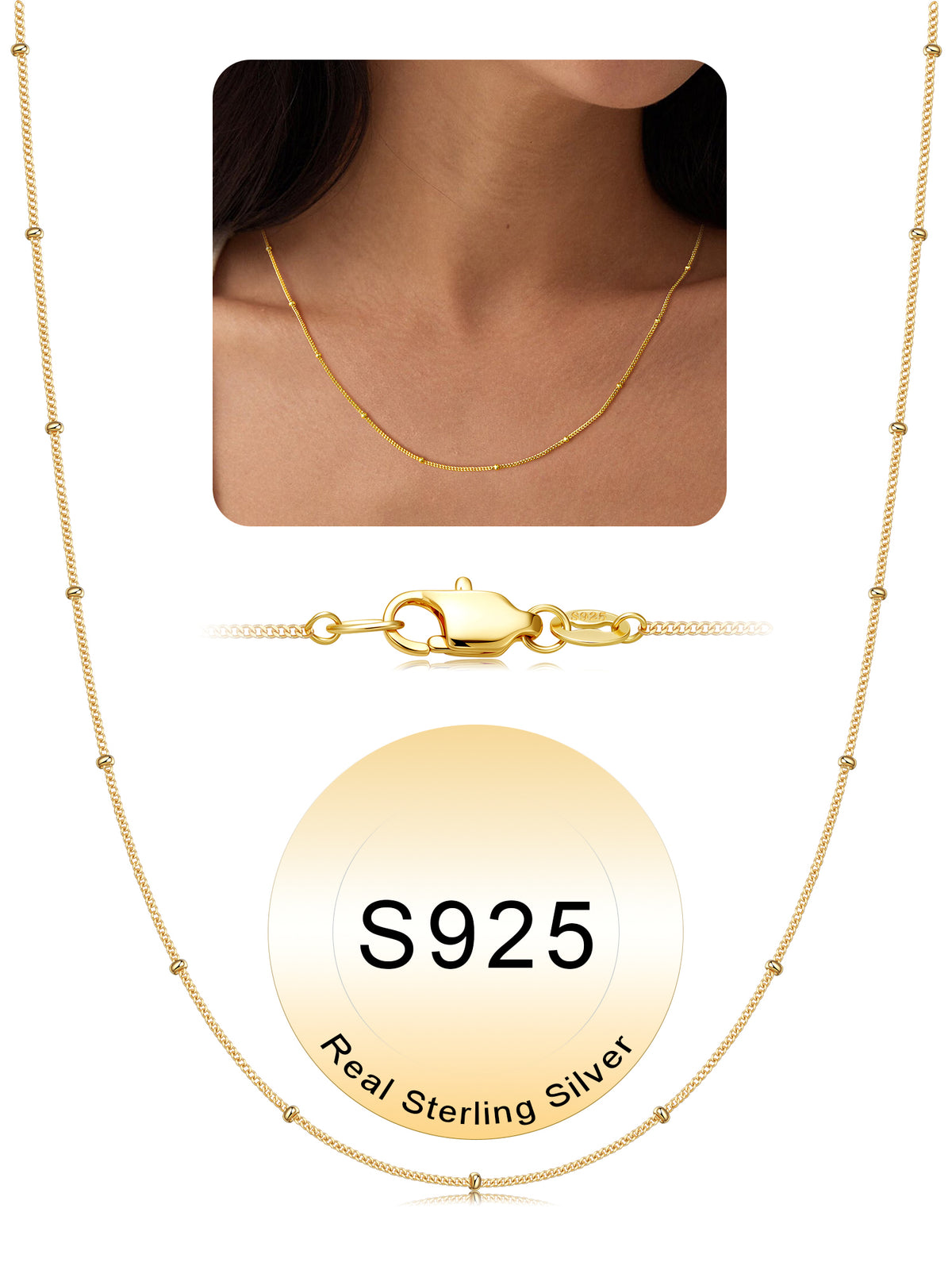 Turandoss S925 Sterling Silver Chain Necklace for Women, 18K Gold Silver 1.5mm Satellite Bead Chains Necklaces, Birthday Valentine's Day Gifts for Mom